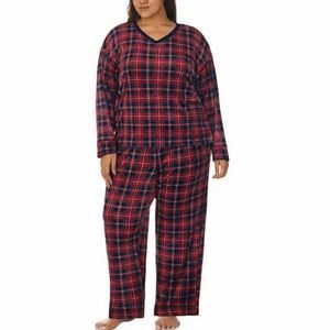 Nautica Pajama Set, Silky Stretch Fleece, Red, Blue Plaid, V-neck, Pants Pockets